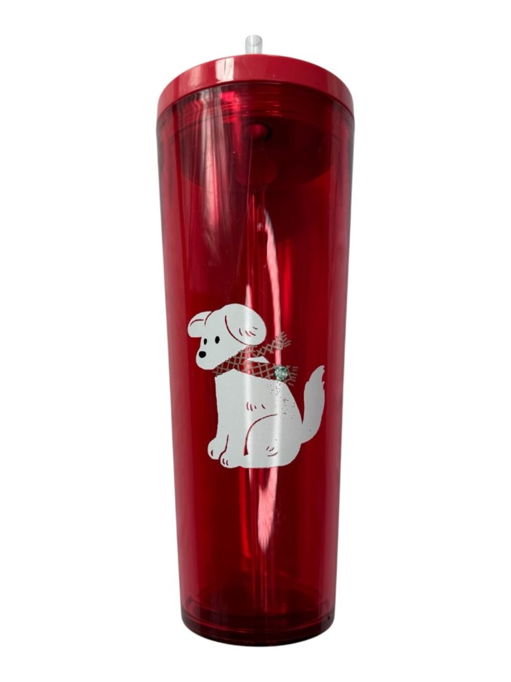 Starbucks Tall Tumbler Cold Cup.  Translucent.  Red with Lid, Straw.  White Dog